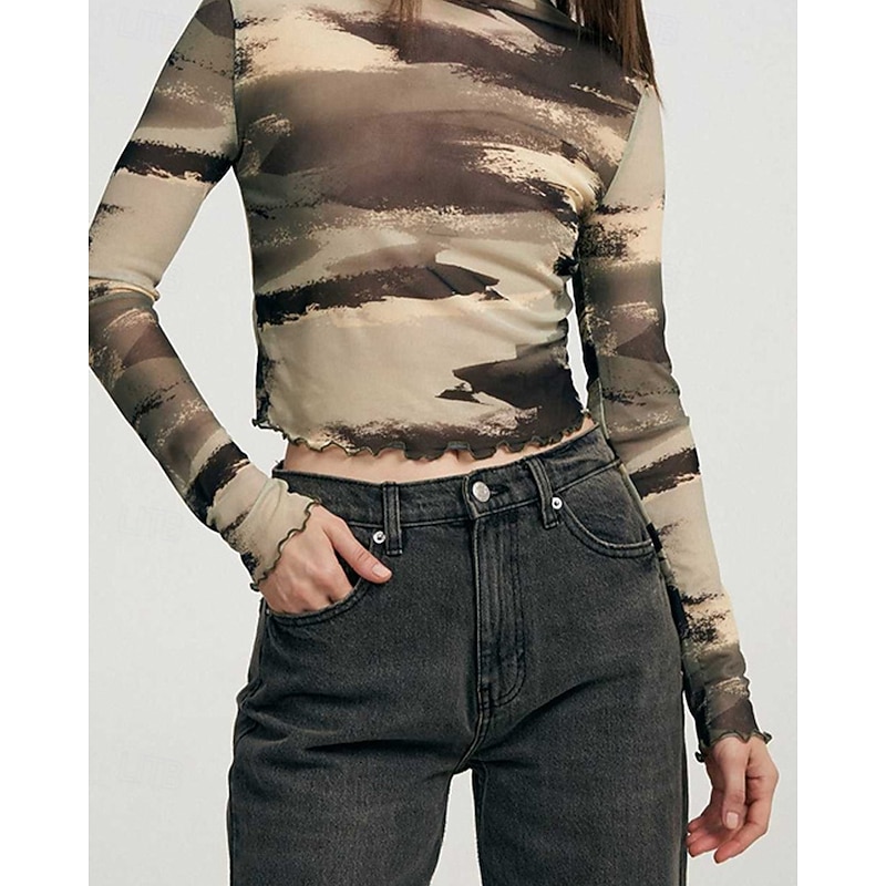 Women's T Shirt Leopard Fashion Modern Long Sleeve Crew Neck Regular Tops Daily Mesh Maroon Light Brown Brown Summer4