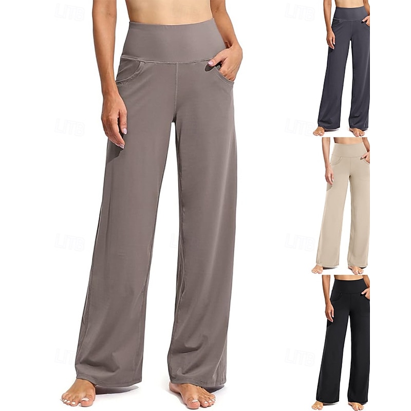 Women's Slacks Straight Streetwear Casual Full Length Natural Plain Pocket Elastic Waist Comfy Street Holiday Daily Wear Dark-Gray Apricot Black off-white Fall Regular Fit