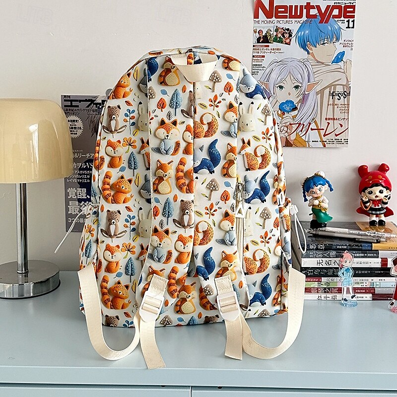 Cute Animal Print Backpack for Girls – Forest Fox and Bear Pattern School Bag with Multiple Pockets for Kids and Teen Students4