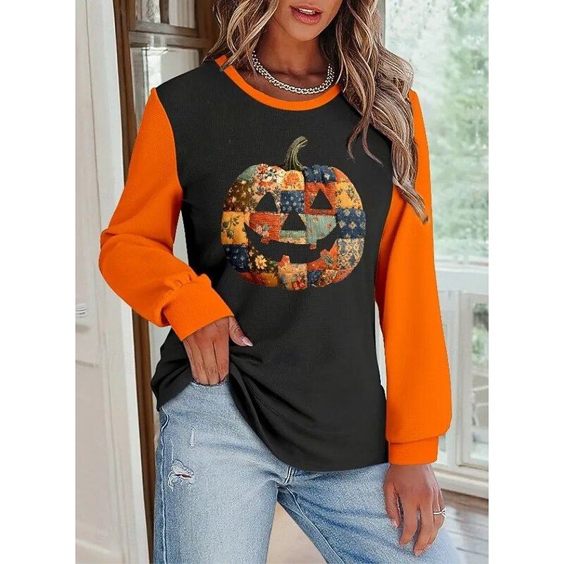 Halloween Women's Pullover Sweatshirt Pumpkin Graphic Casual Long Sleeve Crew Neck Round Neck Regular Tops Street Casual Holiday Print Black Purple Orange Spring Fall Winter