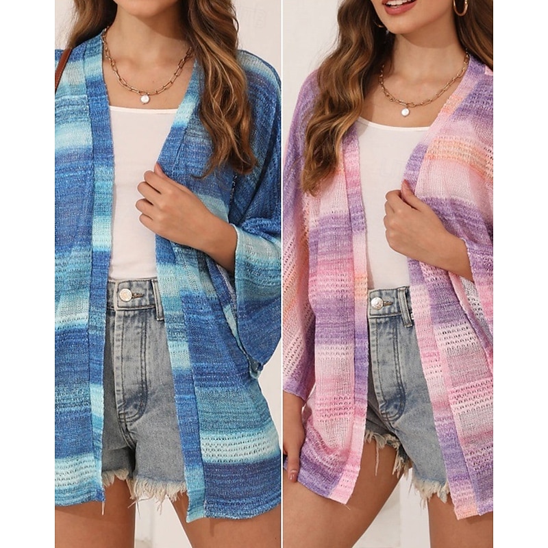 Women's Sweater Cardigan Fashion Streetwear Daily Striped Ribbed Open Front Knitted Long Sleeve Regular Tops Knit Holiday Going out Weekend Blue Purple Spring Fall