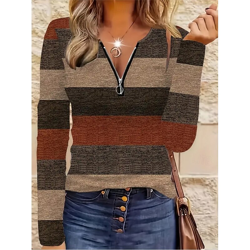 Women's T Shirt Quarter Zip Long Sleeve Casual Graphic Geometric Striped Vintage Stylish Crew Neck Regular Tops Daily Red Blue Purple Brown Green Spring Fall Winter3