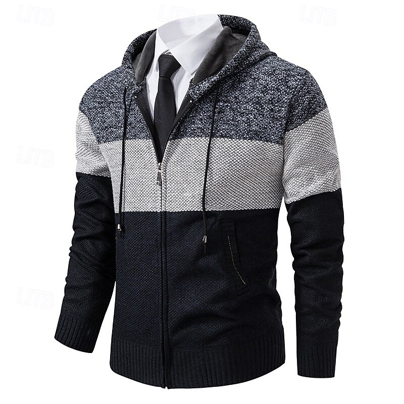 Men's Sweater Dress Sweater Cardigan Sweater Zip Sweater Knit Sweater Ribbed Knit Regular Tops Color Block Knitted Plain Hooded Fashion Shawls Business Casual Clothing Apparel Fall Winter Burgundy