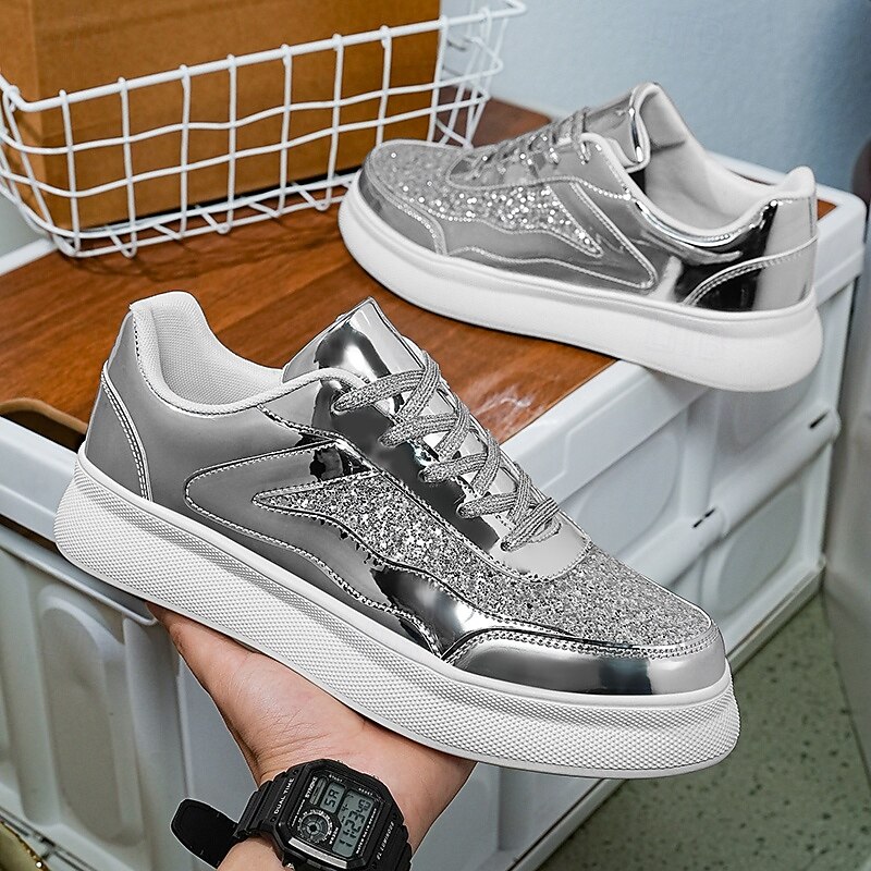 Men's Silver Glitter Sneakers Shiny Casual Sports Shoes for Street Style Parties and Festivals3