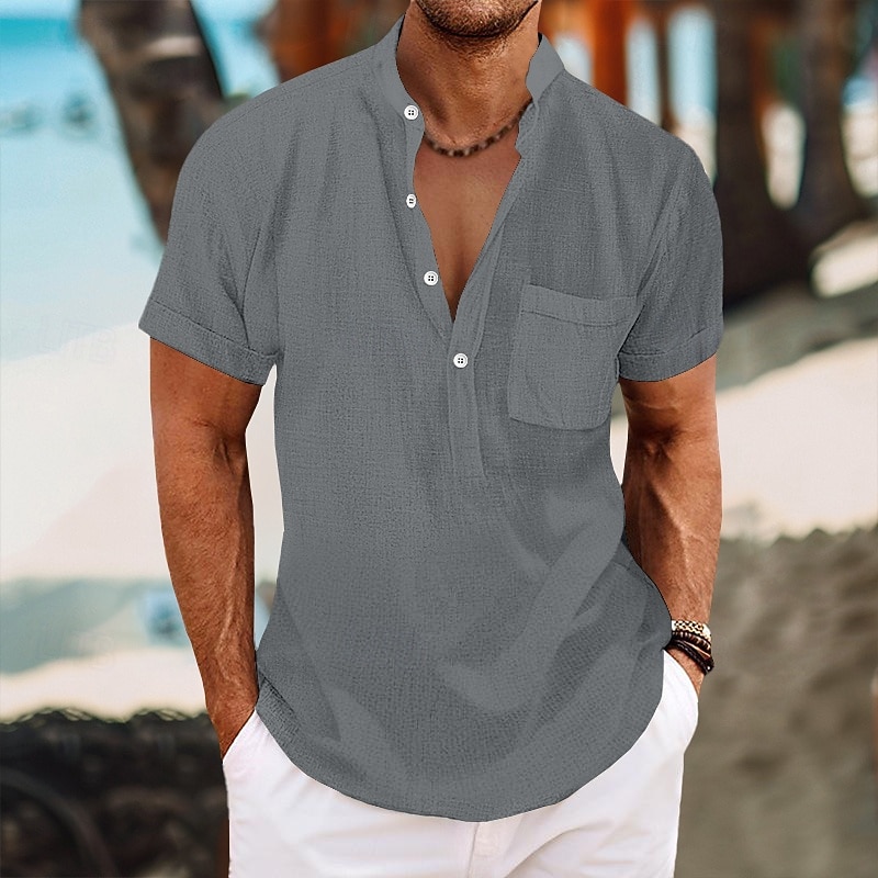 Men's Shirt Linen Shirt Band Collar Shirt Summer Shirt Beach Wear Plain Vacation Street Black White Blue Gray Short Sleeve Band Collar Summer Spring Clothing Apparel Pocket
