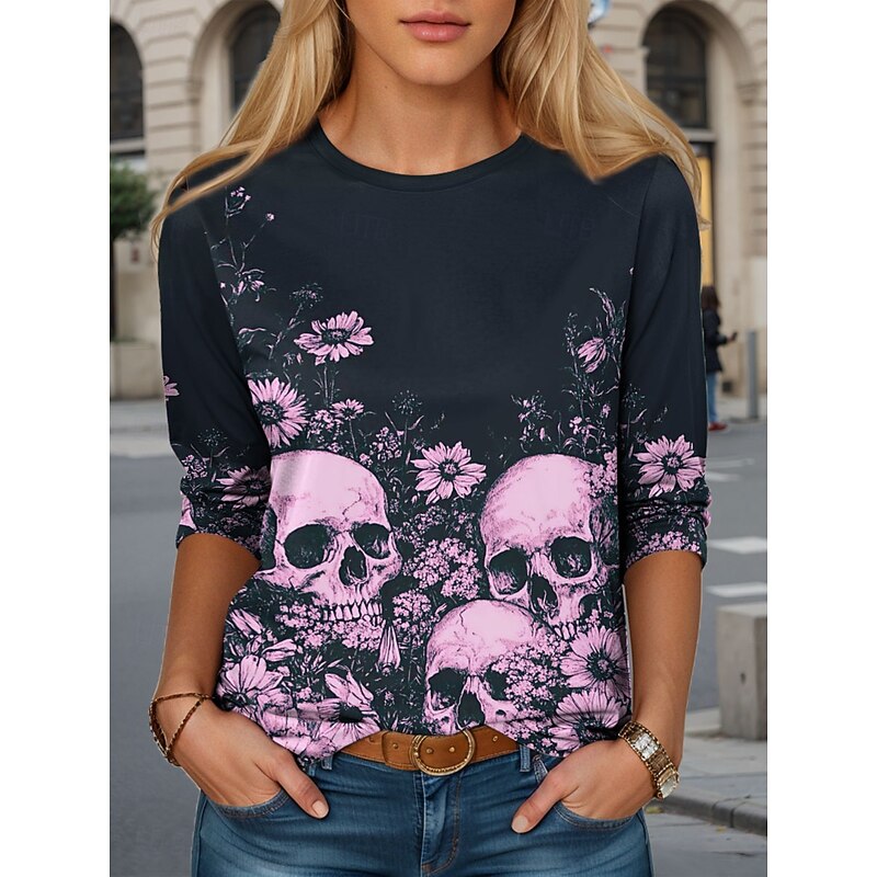 Halloween Women's T Shirt Skulls Crew Neck Long Sleeve Tunic Graphic Casual Round Neck Regular Tops Daily Print Pink Blue Purple Green Fall