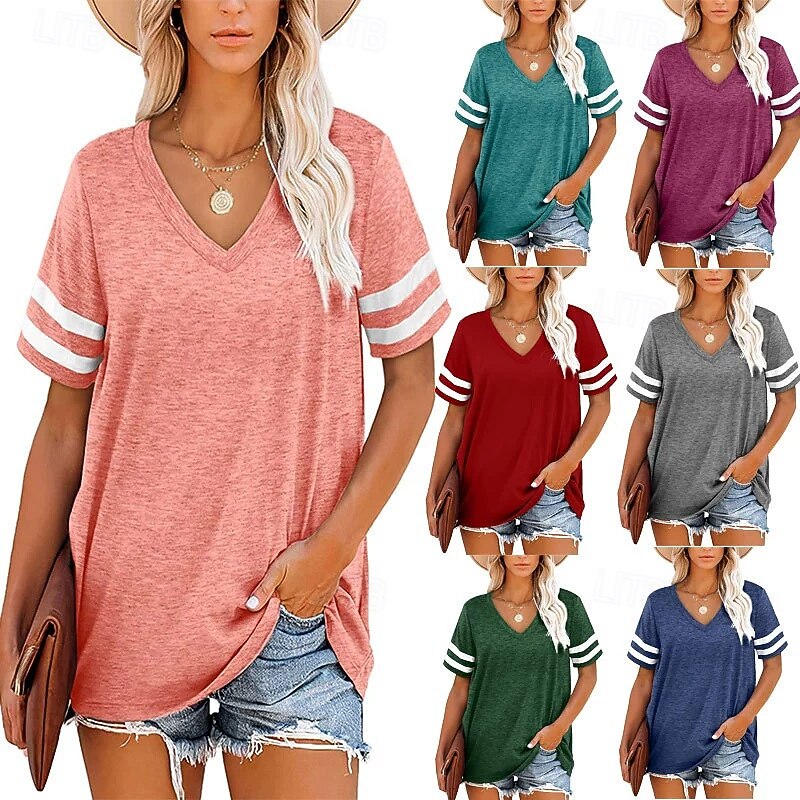 Women's Texture Blouse T Shirt Color Block Fashion Modern Short Sleeve V Neck Regular Tops Daily Pink Green Gray Summer2