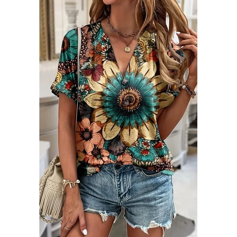 Women's T Shirt Ombre Floral Graphic Elegant Vintage Fashion Short Sleeve V Neck Notched Neck Regular Tops Daily Going out Weekend Print Blue Sky Blue Dark Green Light Blue Summer Spring