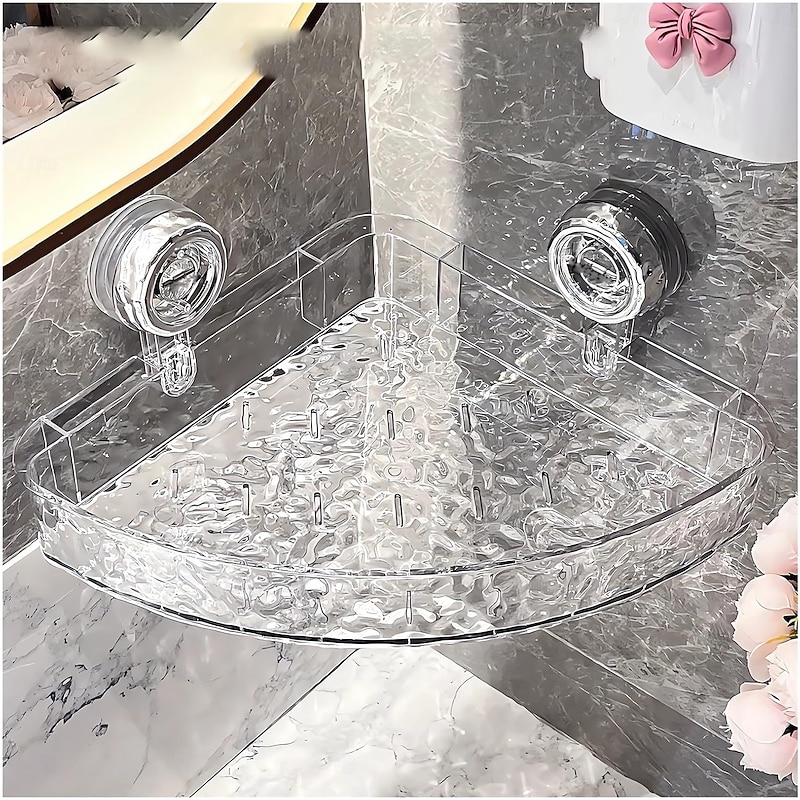 Corrugated Suction Cup Triangle Shelf, Light Luxury Style Punch-Free Storage Rack No-Drill Wall Mounted Storage Holder, Wave Pattern Shower Rack for Bathroom