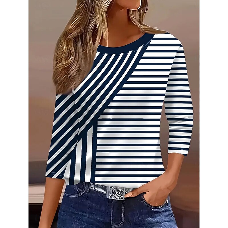 Women's T shirt Crew Neck Long Sleeve Tunic Graphic Geometric Striped Vintage Stylish  Round Neck Regular Tops Daily Print Navy Blue Fall