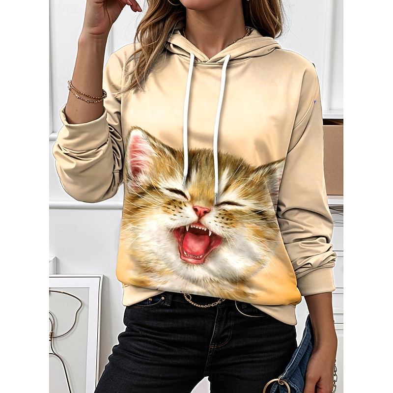 Kayomi Harai Women's Hoodie Pullover Sweatshirt Oversized Long Sleeve Casual Graphic Animal Cat Vintage Fashion Western Hooded Tops Street Dailywear Holiday Print Yellow Blue Purple Fall Winter