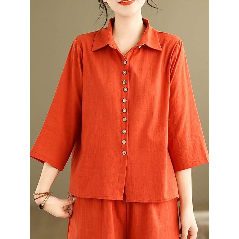 Women's Elegant Fashion Streetwear Cotton Linen Sets 3/4 Length Sleeve Shirt Collar Solid Color Outdoor Work Casual Orange Brown Khaki Summer Regular Fit3