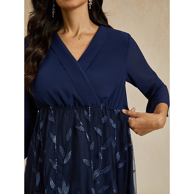 Women's Tea Length A Line Dress Tulle Dress Elegant Party Cocktail Solid Color 3/4 Length Sleeve V Neck Navy Blue Summer Spring3