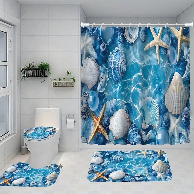 Ocean Beach Series Starfish Jellyfish Shower Curtains Sets Decorative Art Pattern Home Bathroom Curtains Toilet Seat Decoration Shower Curtain CarpetShower Curtain with Carpet and Toilet Lid 12 70.8x70.8 inch3