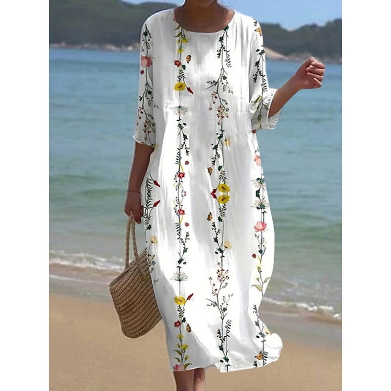 Women's Midi Dress Casual Dress Print Dress Fashion Modern Daily Beach Weekend Regular Fit Floral 3/4 Length Sleeve Crew Neck White Pink Blue Khaki Spring Fall Autumn2