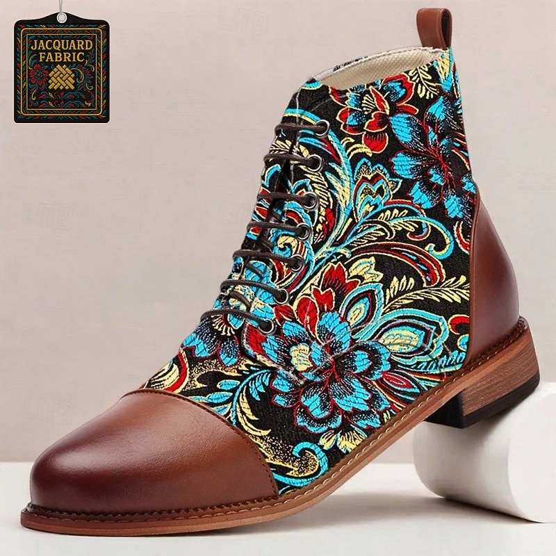 Men's Floral Jacquard Fabric Lace-Up Ankle Boots – Artistic Bohemian Style Boots for Festivals, Street Fashion and Holiday Travel