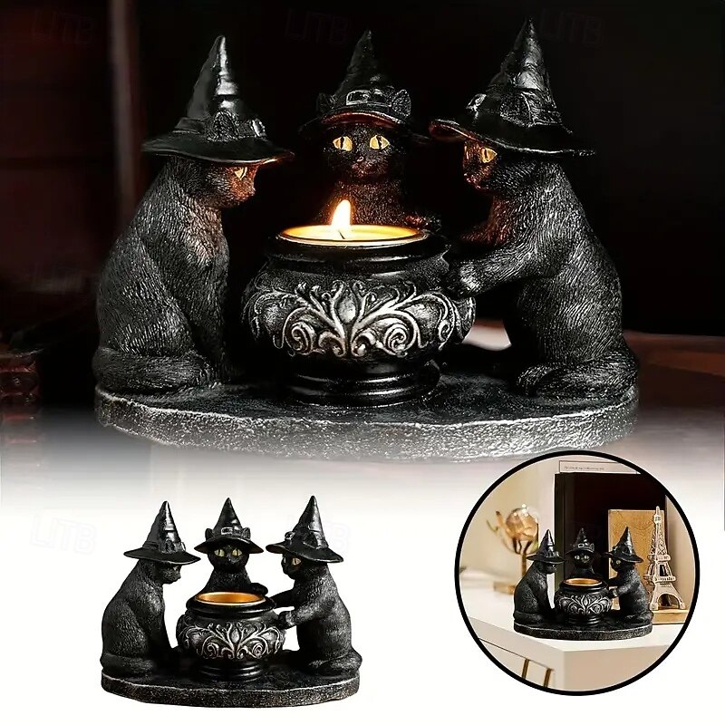 Halloween Witch Cat Incense Burner Resin Ornament Mysterious Dark Vintage Style Scented Candle Holder Suitable for Holiday Decoration Enthusiasts And Festive Scene Arrangement