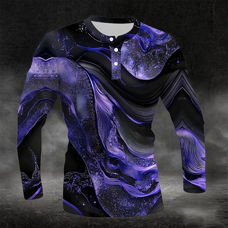 Men's Abstract Marble pattern Henley Shirt Long Sleeve Fashion Cute Daily Casual Holiday Going out Spring &  Fall All Seasons Navy Black Blue Yellow Green Henley Henley T-Shirt4