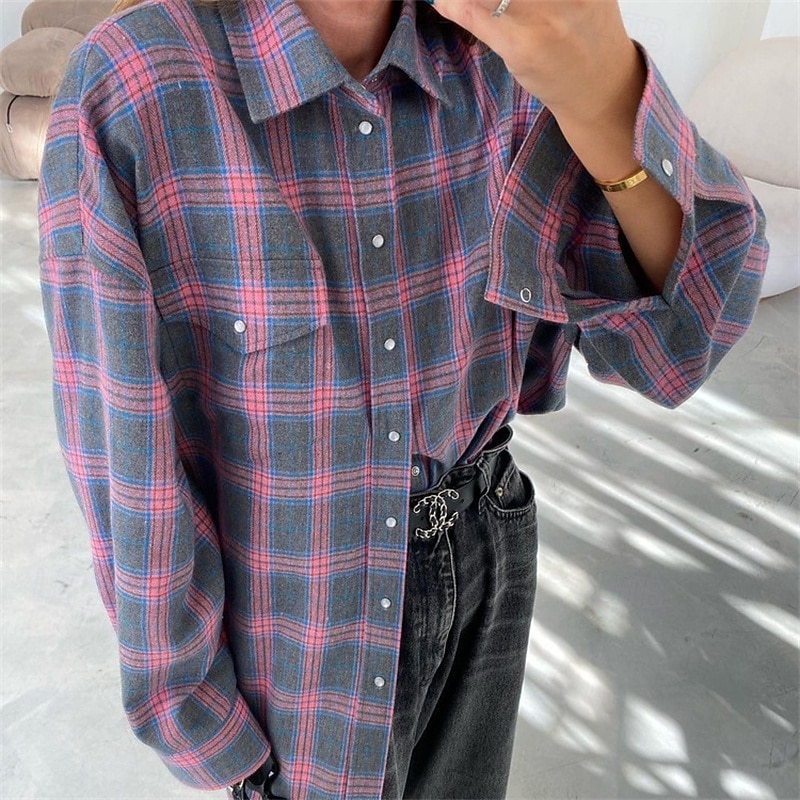 Women's Shirt Plaid Daily Stylish Basic Long Sleeve Shirt Collar Regular Tops Work Daily Holiday Buttons Pink Orange Green Spring Fall4