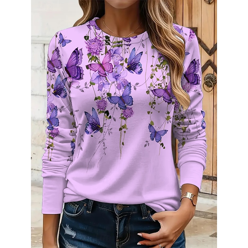 Women's T shirt Long Sleeve Crew Neck Long Sleeve Tunic Floral Graphic Butterfly Vintage Stylish Classic Round Neck Regular Tops Daily Print Black White Yellow Pink Blue Fall Prefall4