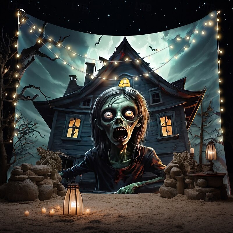 Halloween Hanging Tapestry Zombie Photograph Backdrop Jack O Lantern Wall Art Large Tapestry Mural Decor Blanket Curtain Home Bedroom Living Room Decoration Death Selfie4