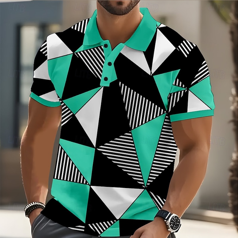 Men's Geometric Color Block Polo Short Sleeve Polo Shirts Collared Shirts Casual Street Athleisure Daily Wear 3D Print Buttons Summer Red Blue Orange3