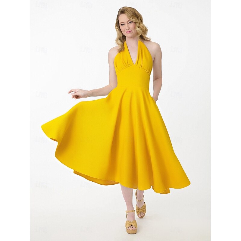 Women's 1950s Audrey Hepburn Halter Swing Dress 100% Cotton Flare Dress Retro Vintage Dailywear Tea Party Casual Daily Sleeveless Fit & Flare Dress Christmas4