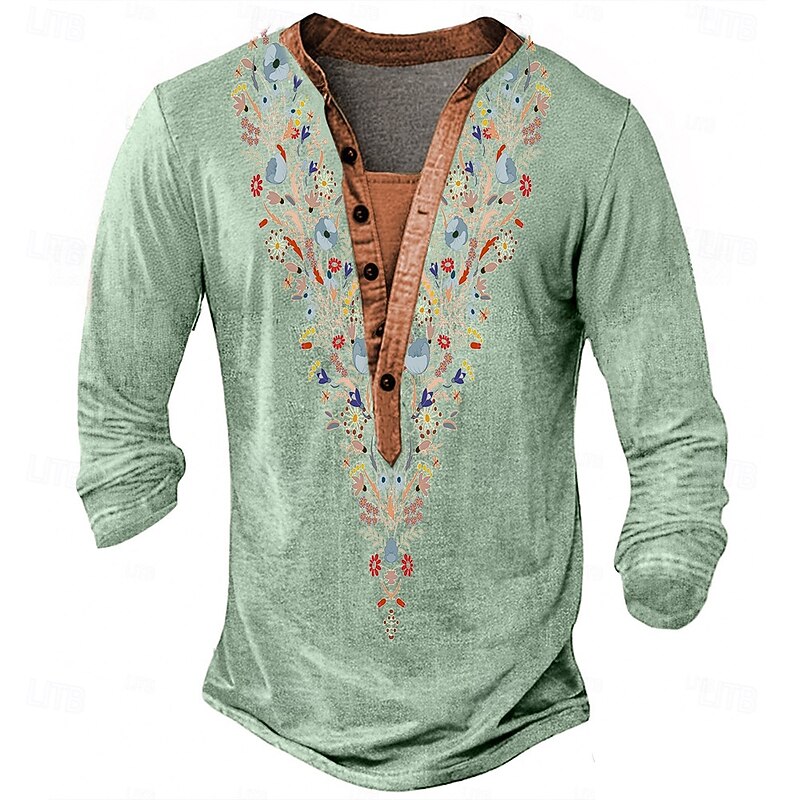 Men's Print T Shirt Henley Shirt Long Sleeve Designer Retro Vintage Bohemian Street Casual Daily Summer Spring Fall Blue Green Khaki Grey Henley Henley T-Shirt4