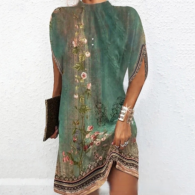 Women's Mini Dress Casual Dress Summer Dress Fashion Modern Daily Beach Weekend Regular Fit Flower Short Sleeve Stand Collar Green Beige Spring Fall