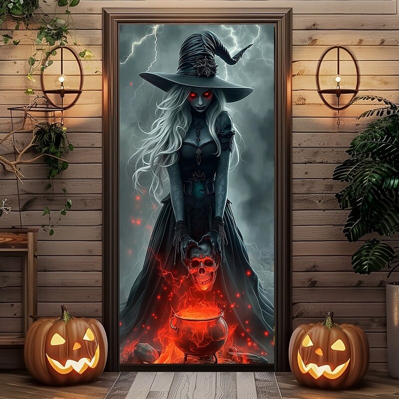 Halloween Door Cover – Witch Holding Glowing Pumpkin Lantern, Haunted House Entrance Banner, Creepy Outdoor 2025 Halloween Decoration for Bedroom, Living Room, Bathroom4