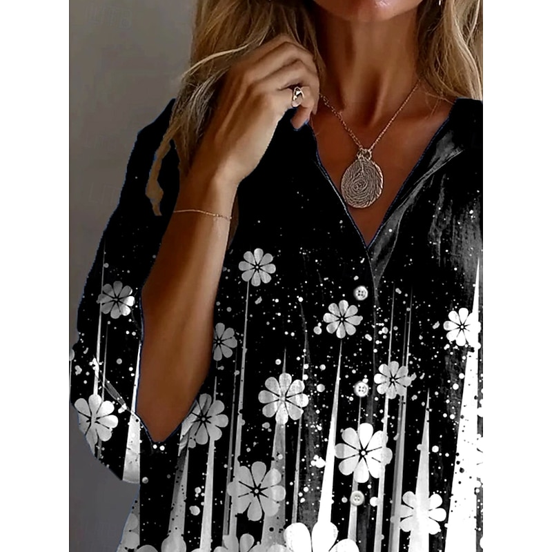 Women's Shirt Button Down Tunic Shirt Collar Long Sleeve Ombre Floral Graphic Vintage Tropical Daily Regular Tops Work Daily Holiday s Print Black And White Spring Fall2