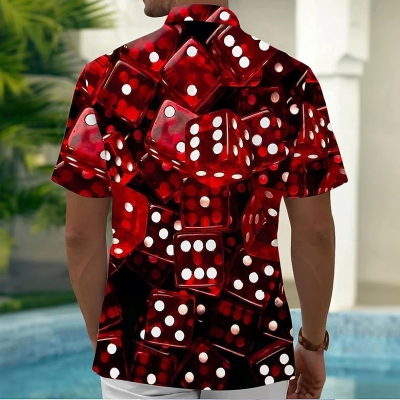 Men's Dice Shirt Summer Shirt Button Up Shirt Short Sleeve Vintage Retro Outdoor Vacation Dailywear Summer Spring Turndown 3D Print Collared Shirts Front One Pocket Red Blue2