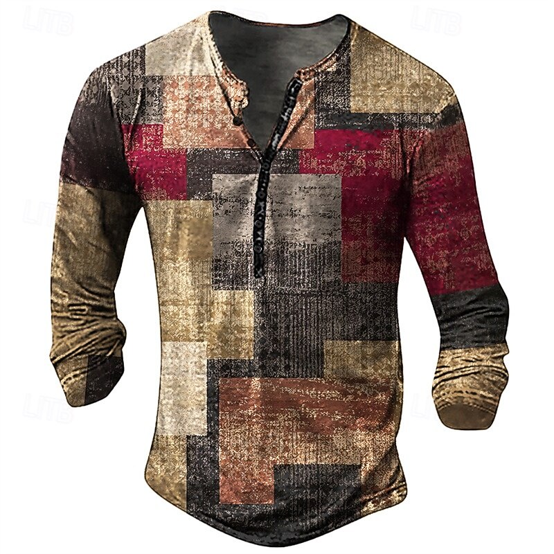 Men's Graphic Patchwork Henley Shirt Long Sleeve 3D Print Fashion Daily Casual Casual Holiday Going out Spring &  Fall Blue Brown Green Dark Blue Henley Henley T-Shirt