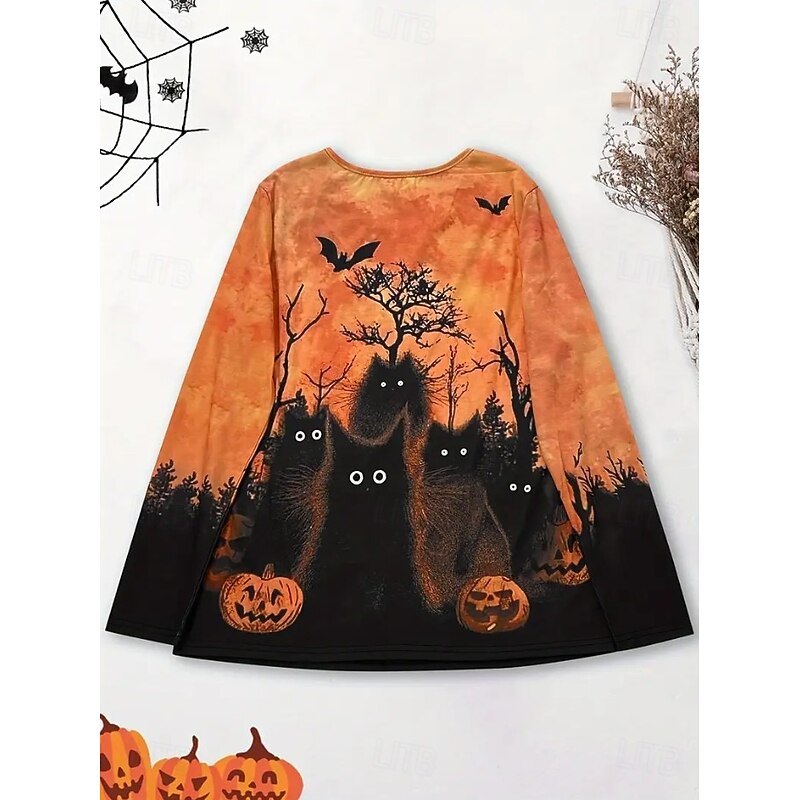 Halloween Women's T shirt Monster Crew Neck Long Sleeve Tunic Graphic Skeleton Vintage Stylish Classic Round Neck Regular Tops Daily Print Orange Fall3