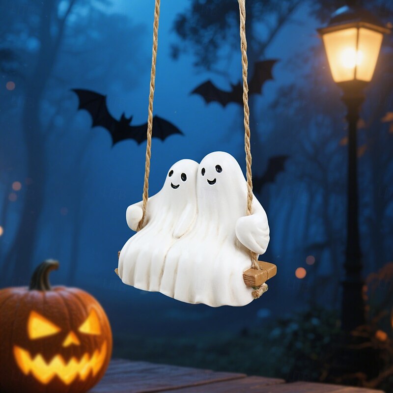 Halloween Resin Swinging Cute Ghost Decoration Couple Hanging Decor, Creative Spooky Ornament for Outdoor Yard and Home, Halloween Atmosphere Decoration4