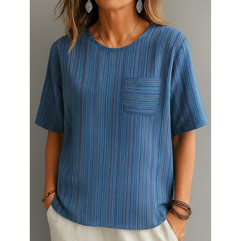Women's Blouse Striped Stylish Casual Half Sleeve Crew Neck Regular Tops Daily Print Blue Green Khaki Summer Spring Fall