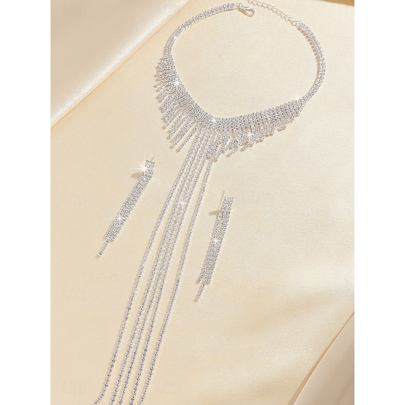 Women's Sparkling Rhinestone Jewelry Set - Silver Choker Necklace and Long Tassel Earrings, Glamorous Statement Accessories for Evening Dance and Cocktail Parties4