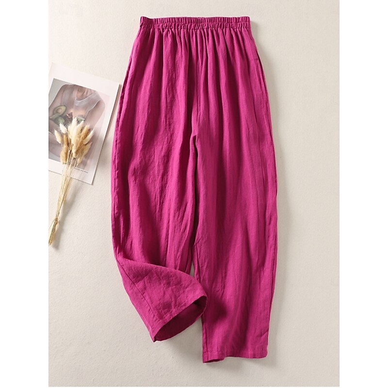Women's Cotton Linen Pants Chinos Ethnic Style Basic Casual Full Length High Waist Plain Pocket Drawstring Comfort Outdoor Stretchy Vacation Street Daily Black White Fuchsia Orange Summer Spring2