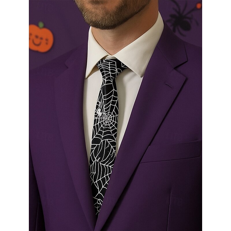 Men's Halloween Spider Web Print Necktie – Black and White Satin Slim Tie, Stylish Party Accessory for Cosplay, Formal Events and Office Halloween Outfits2