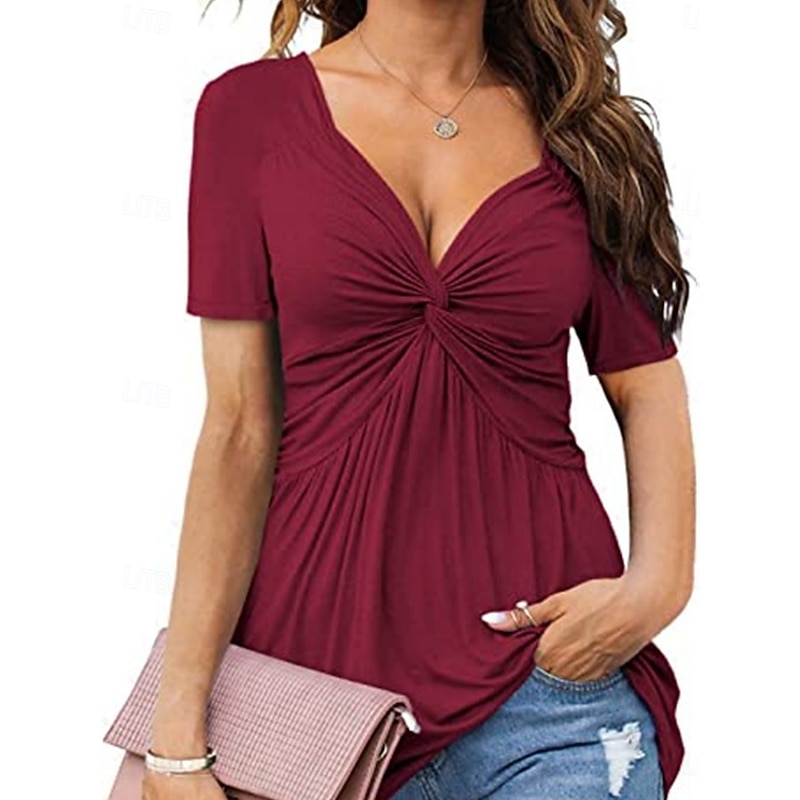 Women's Blouse Solid Color Stylish Casual Short Sleeve V Neck Regular Tops Daily Ruched White Yellow Wine Beige Summer Spring