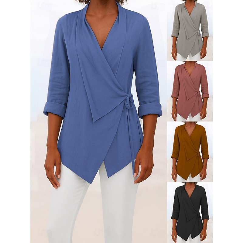 Women's Blouse Plain Stylish Modern Long Sleeve V Neck Regular Tops Daily Holiday Lace up Black Light Brown Blue Brown Gray Summer Spring Fall