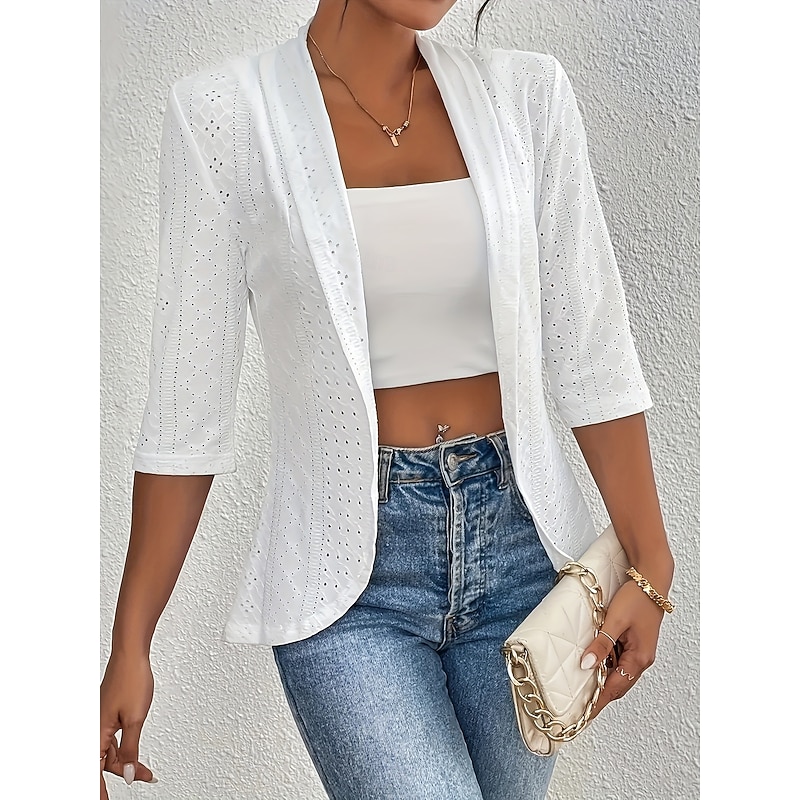 Women's Blazer Comfortable Breathable Cut Out Elegant Fashion Plain Work Daily Regular Turndown Regular Fit 3/4 Length Sleeve Outerwear White Spring Fall2