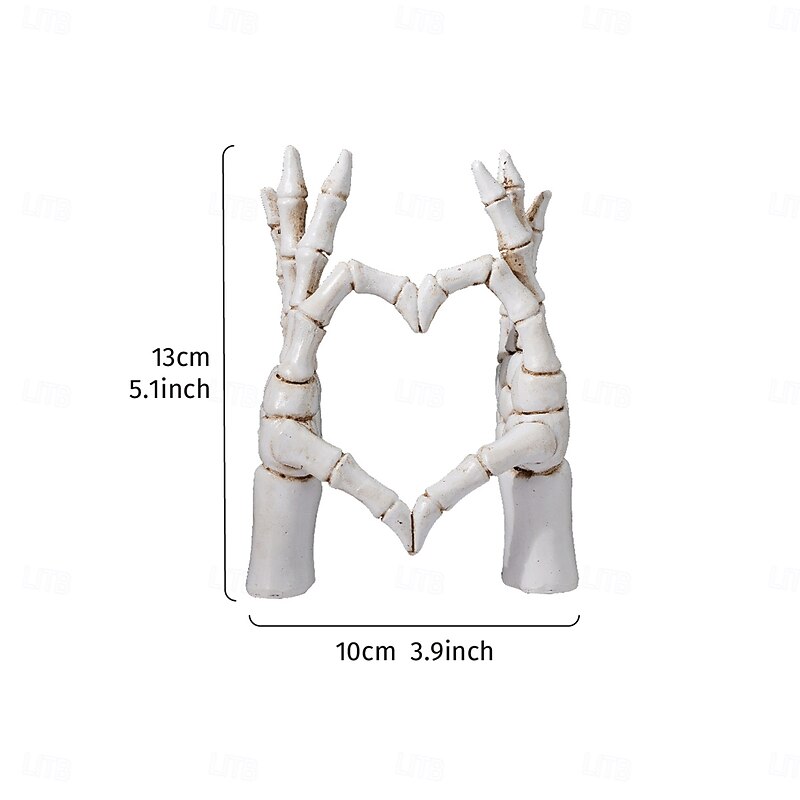 Halloween Resin Skeleton Heart Hands Decor, Skull Head with Skeleton Hands Forming Heart Shape, Spooky Tabletop Decoration for Halloween Party and Home Holiday Display2