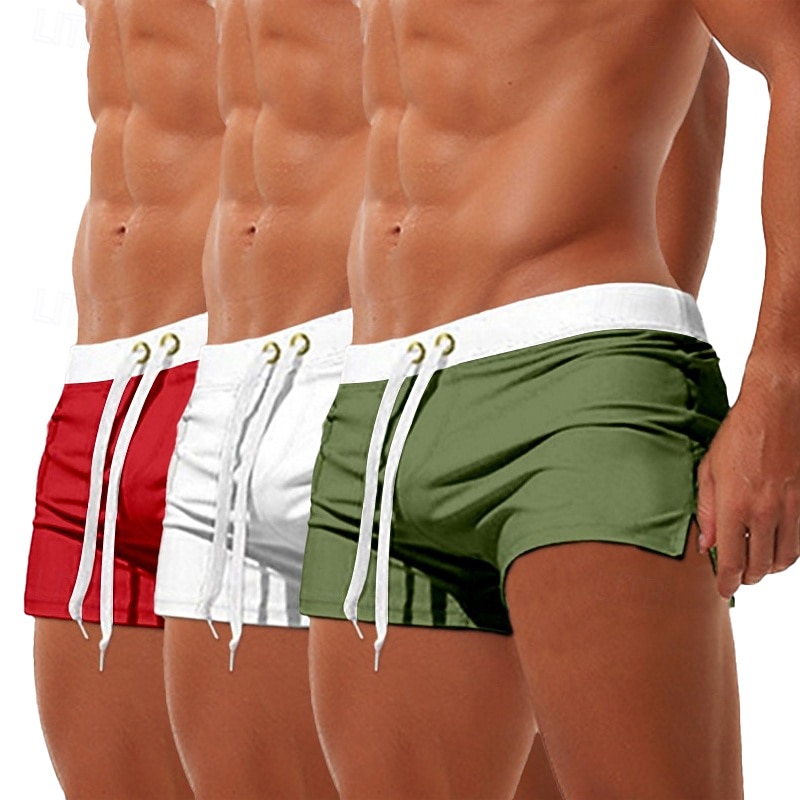 3Pcs Men's Swim Trunks Swim Shorts Board Swim Briefs Elastic Waist Drawstring Zipper Pocket Solid Color Quick Dry Breathable Short Casual Daily Beach Fashion Classic Style Black Micro-elastic2