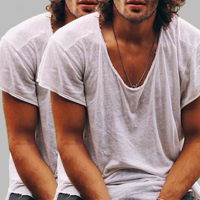 Men's T Shirt Casual Style Bamboo T-shirt Short Sleeve Crew Neck Spring & Summer All Seasons Plain Fashion Casual Comfortable 2 Piece 2 Pack Raw Edge Street Casual Holiday Blue / Green Black+Black2