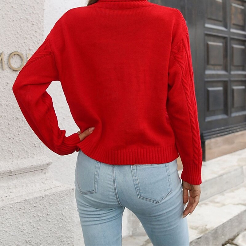 Women's Pullover Casual Solid Color Chunky Turtleneck Knitted Long Sleeve Regular Tops Knit Daily Holiday Going out Red Green Fall Winter4