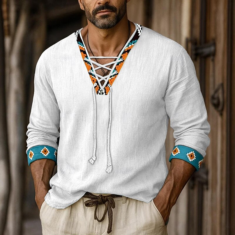 Men's Shirt Linen Shirt Viking Style Summer Shirt Beach Shirt Solid Color Vacation Casual Black White Green Long Sleeve V Neck Summer Spring Clothing Apparel Drawstring4