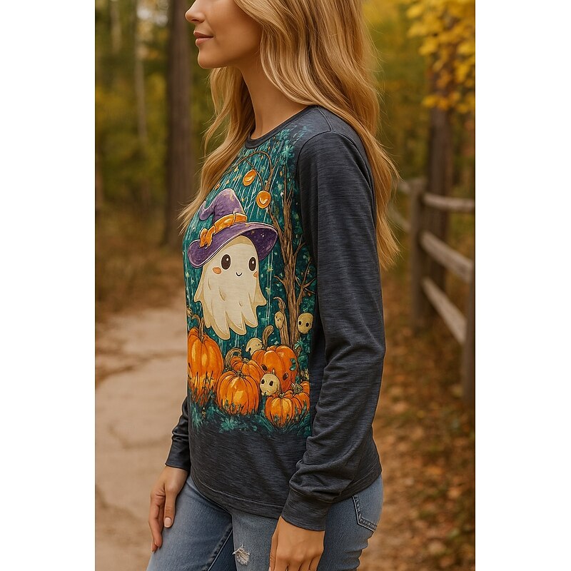 Halloween Women's T shirt Ghost Crew Neck Long Sleeve Tunic Floral Vintage Stylish Classic Round Neck Regular Tops Daily Print Gray Spring Fall3