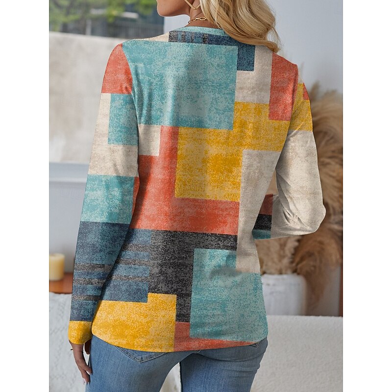 Women's T shirt Crew Neck Long Sleeve Tunic Graphic Geometric Vintage Stylish Modern  Regular Tops Daily Weekend Print Red Blue Brown Fall2