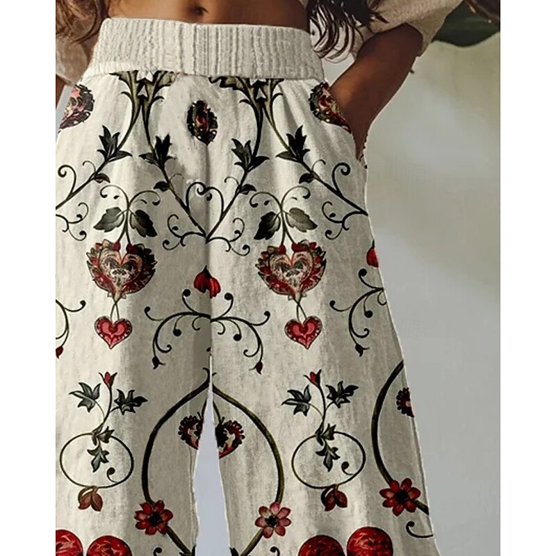 Women's Wide Leg Pants Trousers Palazzo Pants Vintage Boho Full Length High Waist Heart Elastic Waist Printing Breathability Comfortable Street Daily Wear Going out Red Spring Fall Regular Fit2